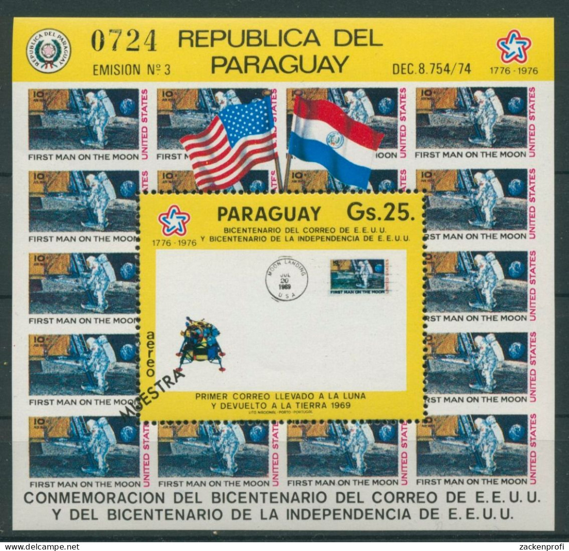 Paraguay 1976 200 Jahre Amerikanische Post Bl. 279 Postfrisch, Muestra (C22629) - Paraguay