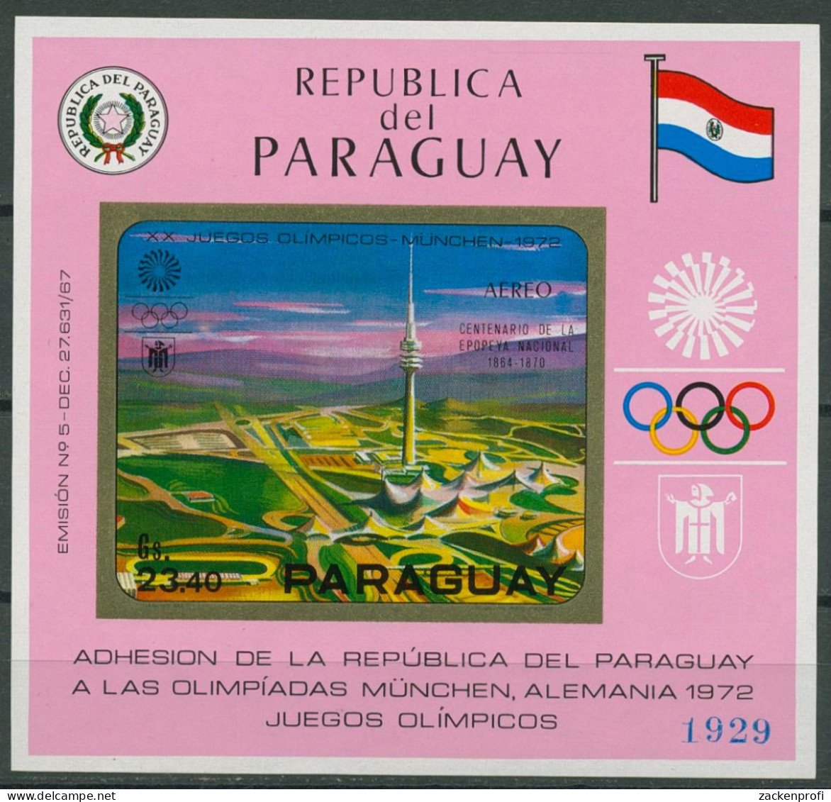 Paraguay 1970 München - Olympiagelände Block 142 Postfrisch (C80470) - Paraguay