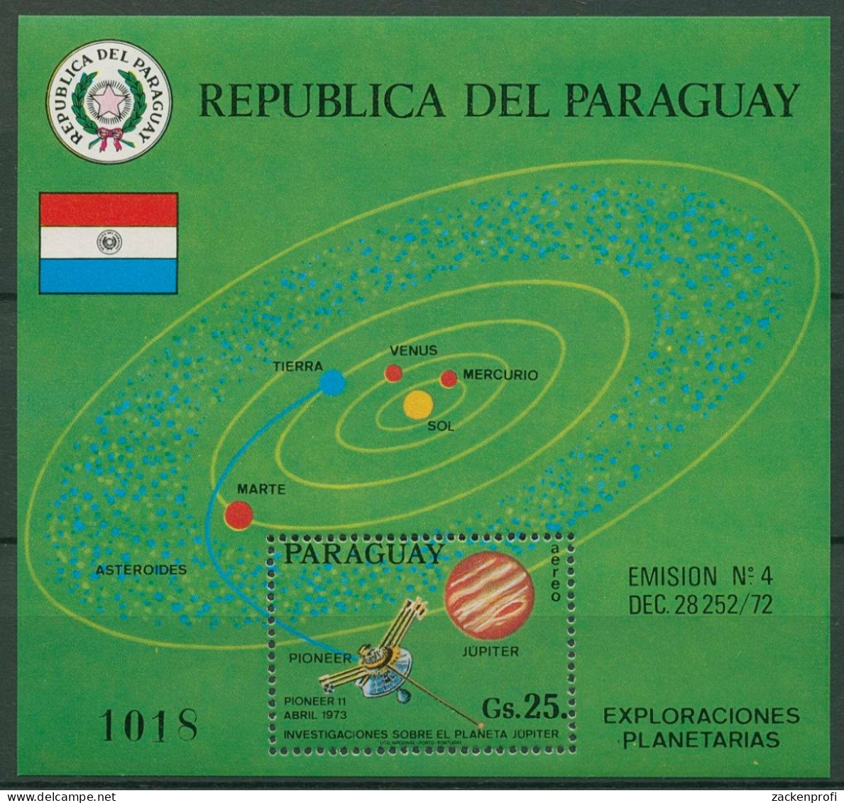 Paraguay 1973 Planetenforschung Pioneer 11 Block 212 Postfrisch (C18773) - Paraguay