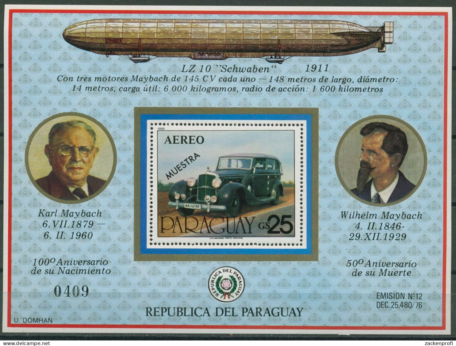 Paraguay 1980 Maybach Auto Zeppelin Block 349 "MUESTRA" Postfrisch (C80456) - Paraguay