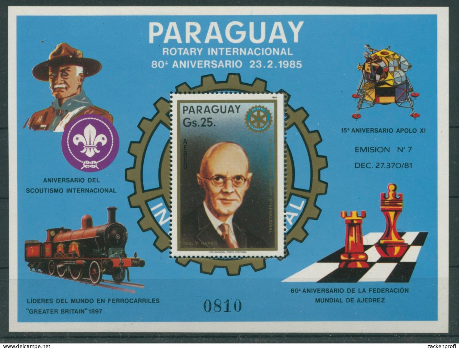 Paraguay 1985 80 Jahre Rotary, P. Harris Block 412 Postfrisch (C22682) - Paraguay