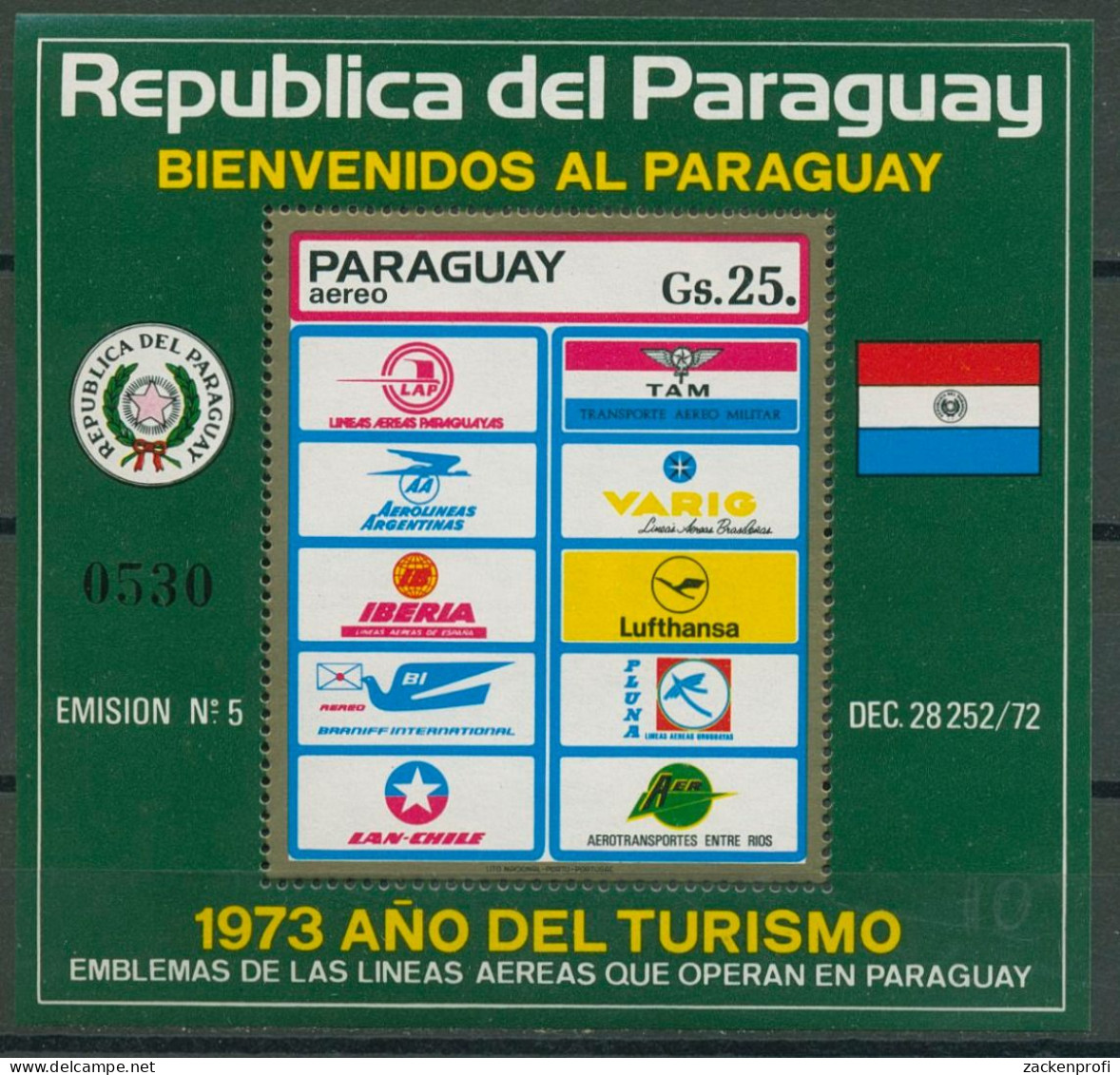 Paraguay 1974 Jahr Des Tourismus, Luftfahrt Block 217 Postfrisch (C80462) - Paraguay