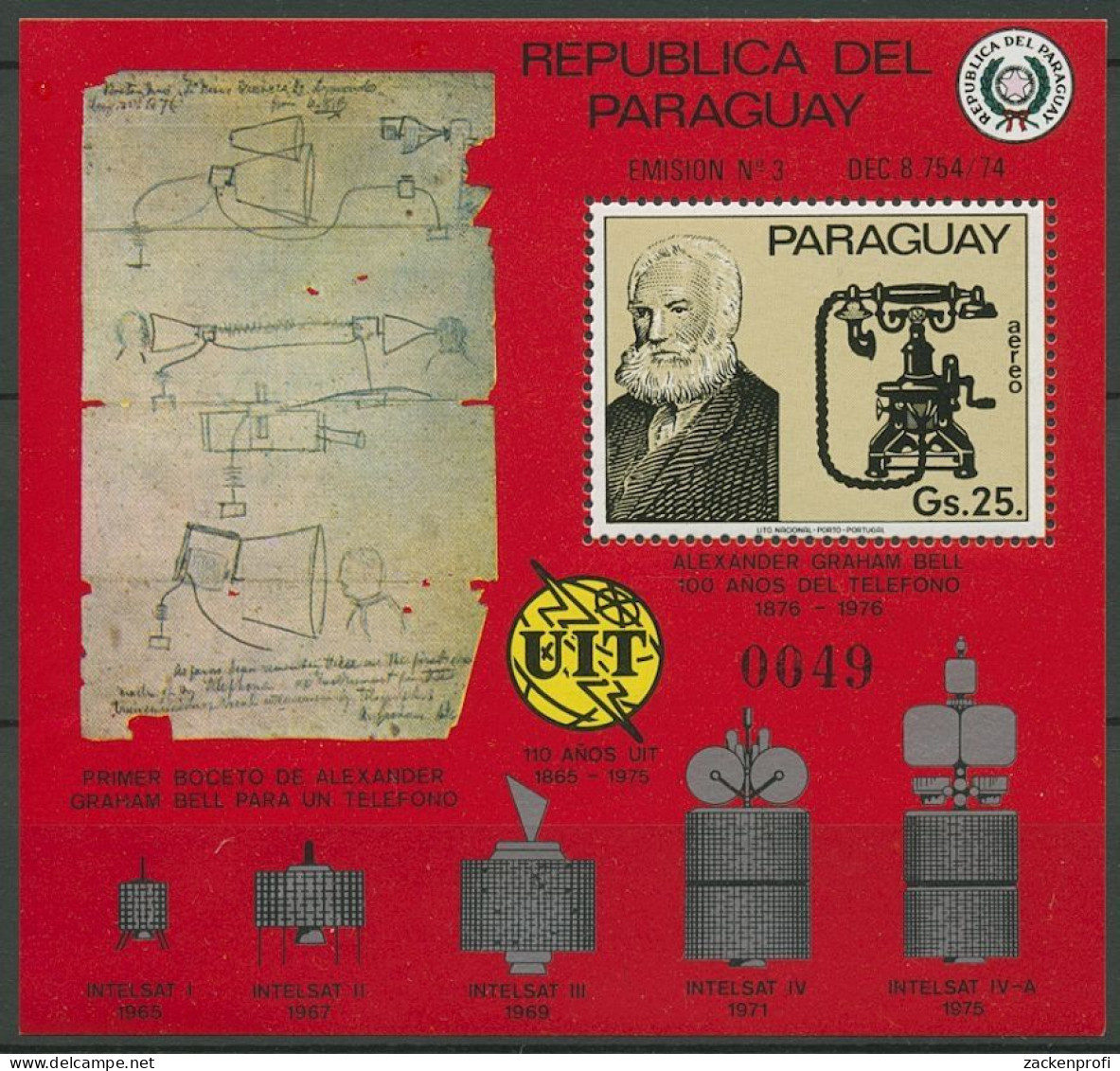 Paraguay 1976 100 Jahre Telefon, Alexander G. Bell Block 278 Postfrisch (C18794) - Paraguay