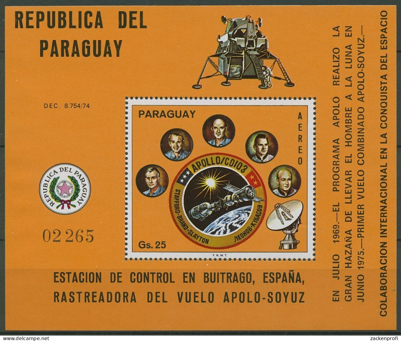 Paraguay 1976 APOLLO - SOJUS Weltraumunternehmen Block 272 Postfrisch (C18791) - Paraguay