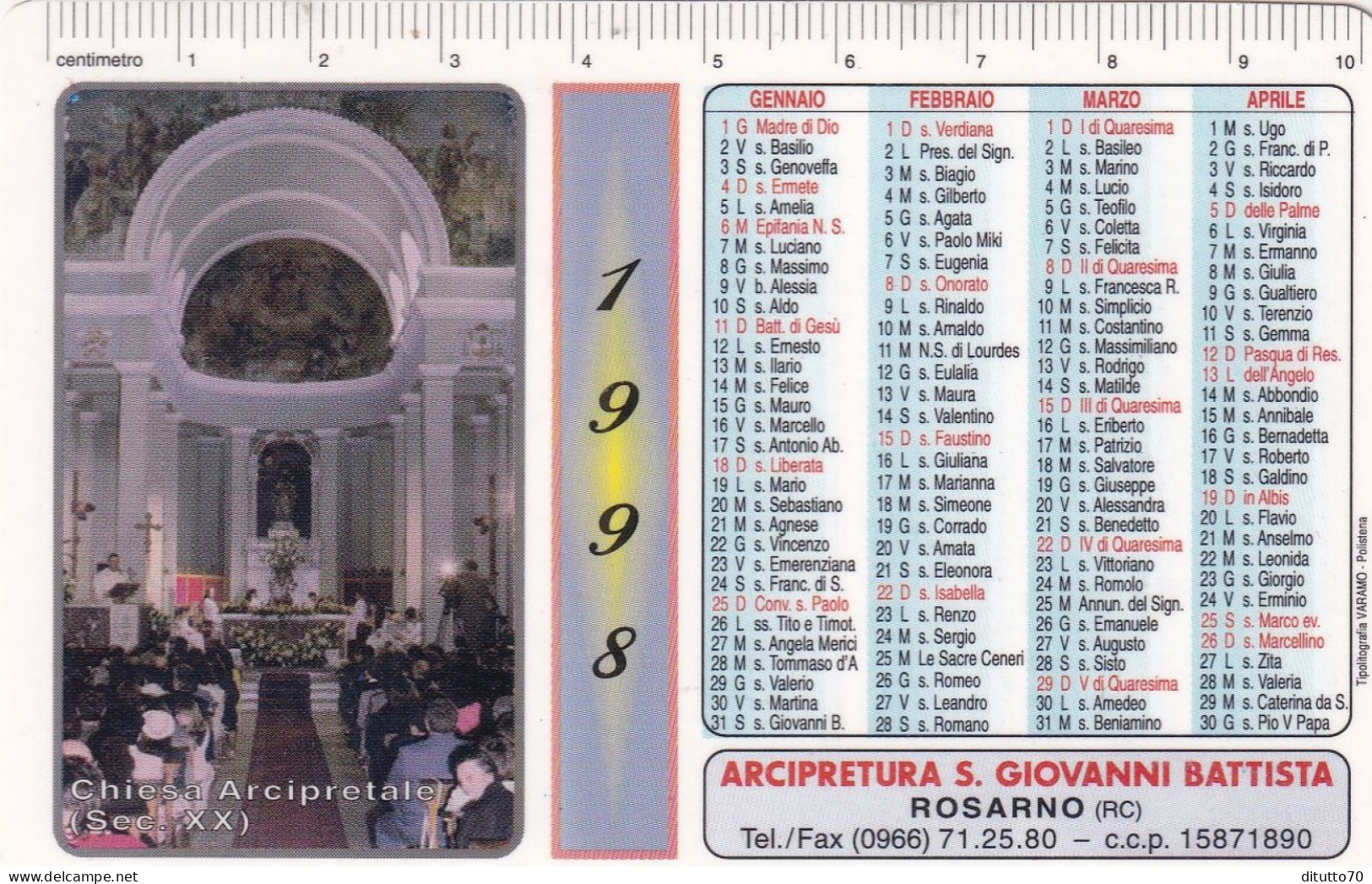 Calendarietto - Arcipretura S.giovanni Battista - Rosarno - Reggio Calabria - Anno 1998 - Tamaño Pequeño : 1991-00