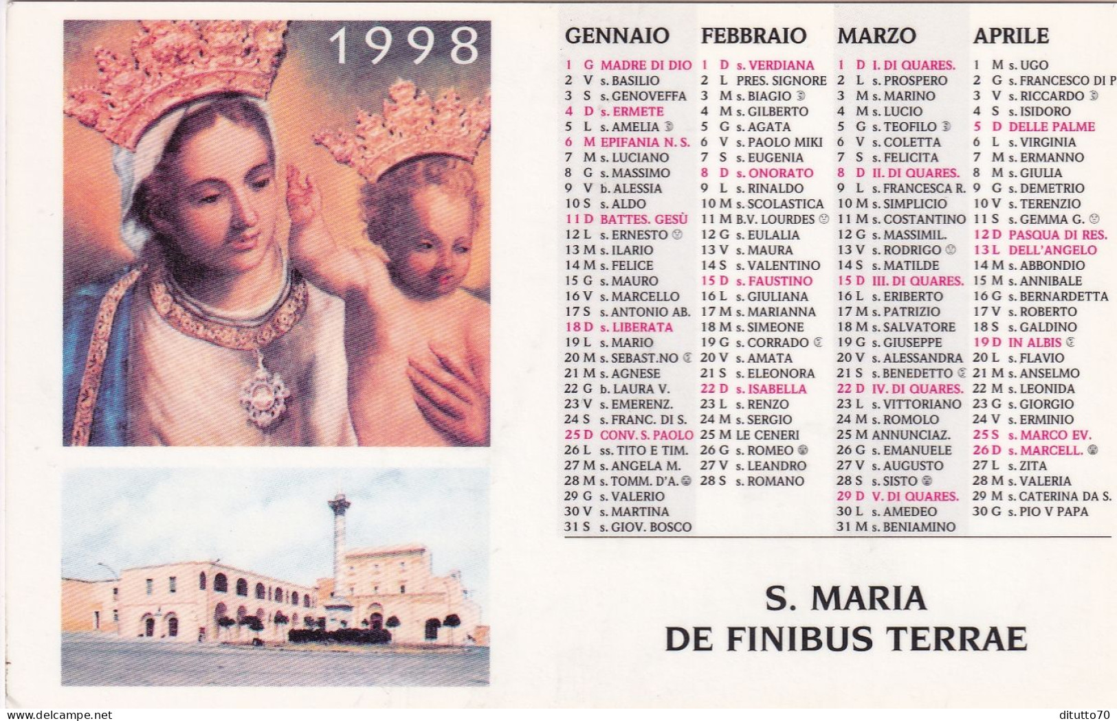 Calendarietto - Basilica - Santuario - S.maria De Finibus Terrae - S.maria Di Leuca - Anno 1998 - Petit Format : 1991-00