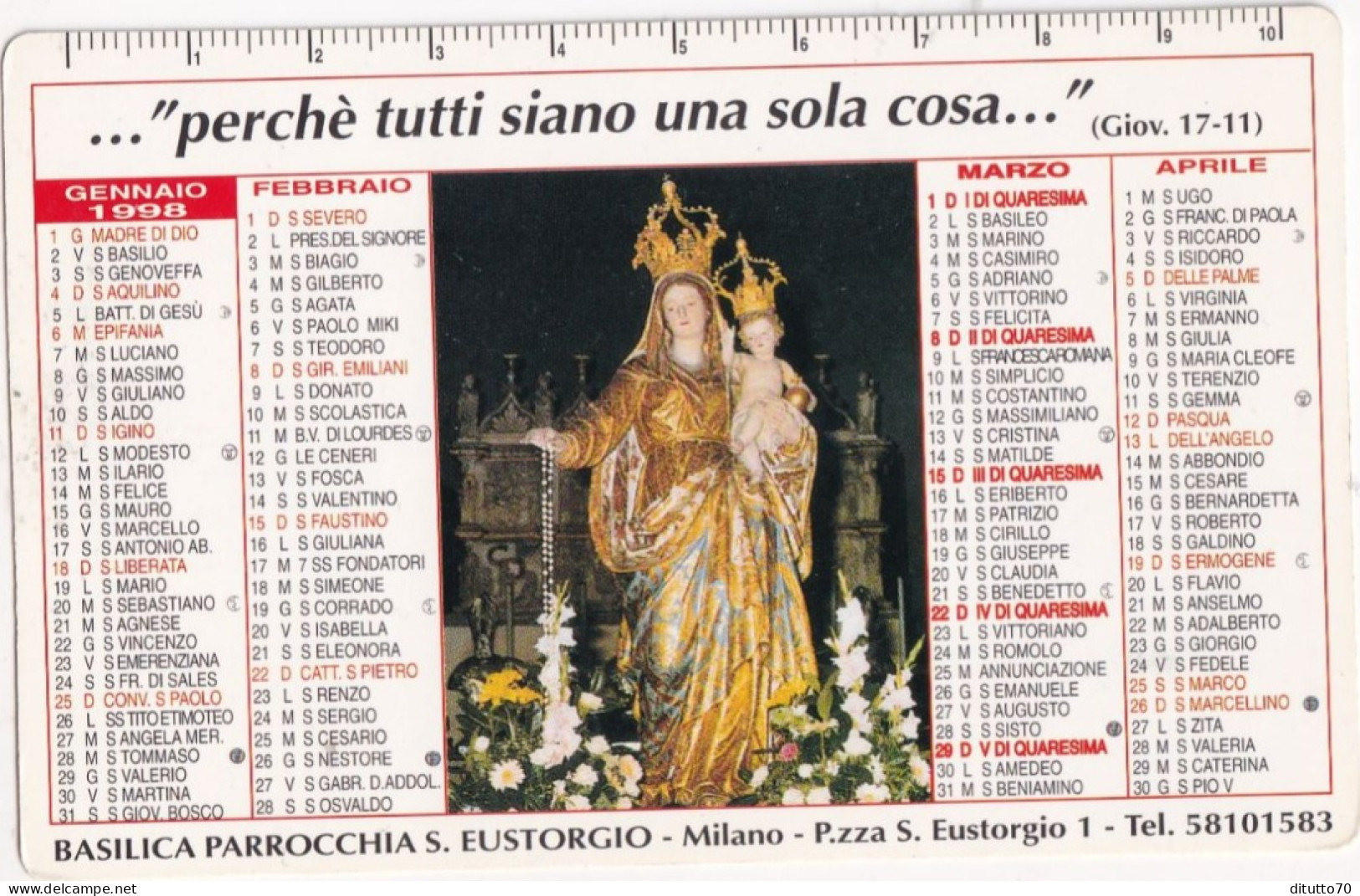 Calendarietto - Basilica Parrocchia S.eustorgio - Milano - Anno 1998 - Tamaño Pequeño : 1991-00