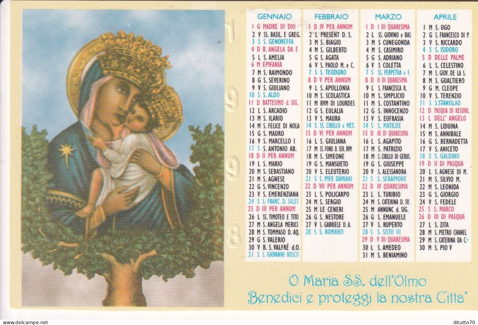 Calendarietto - Basilica Santuario S.maria Dell'olmo - Cava Dè Tirreni - Anno 1998 - Petit Format : 1991-00
