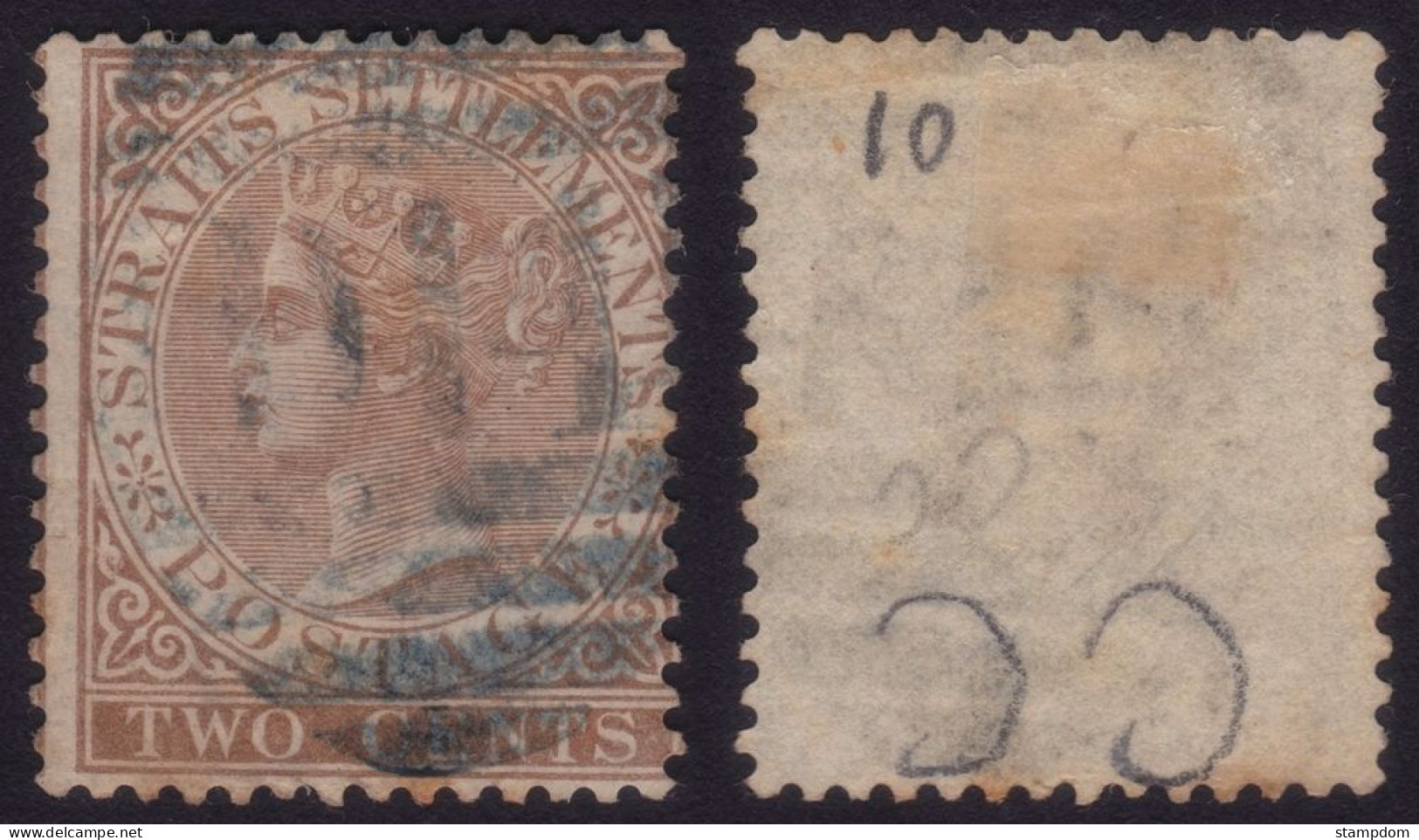 STRAITS SETTLEMENTS 1867 2c Wmk.CC Sc#10 - USED "D14" Cancel @P1134 - Straits Settlements