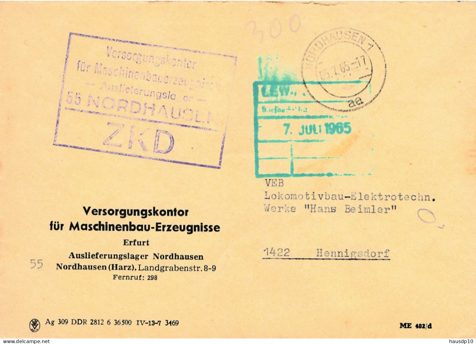 DDR Brief ZKD Maschinenbauerzeugnisse Nordhausen - Erfurt - Centrale Postdienst