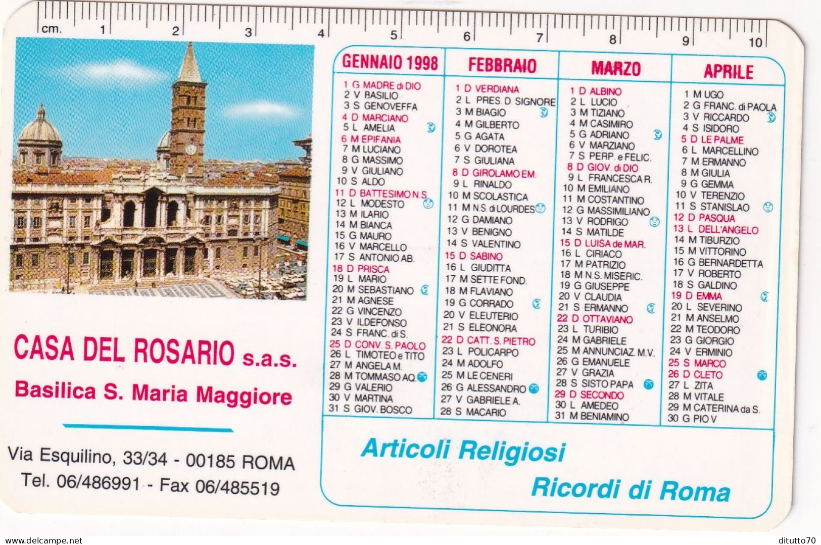 Calendarietto - Casa Del Rosario - Basilica S.maria Maggiore - Roma - Anno 1998 - Small : 1991-00