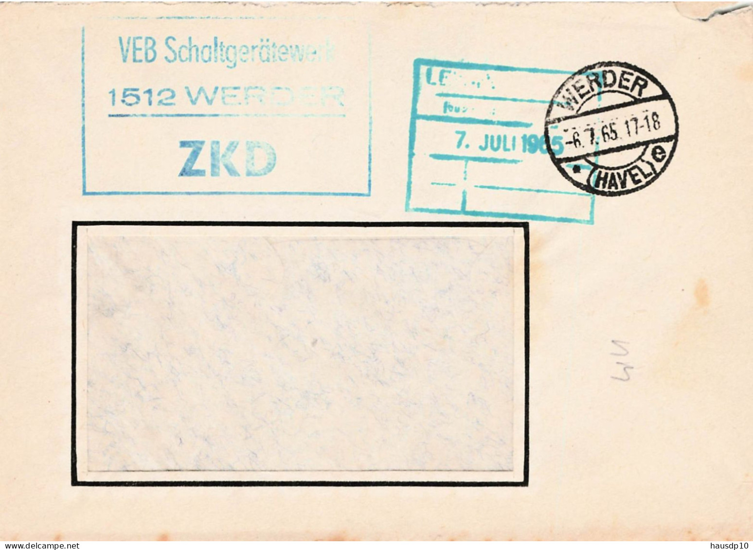 DDR Brief ZKD 1965 VEB Schaltgerätewerk Werder - Central Mail Service