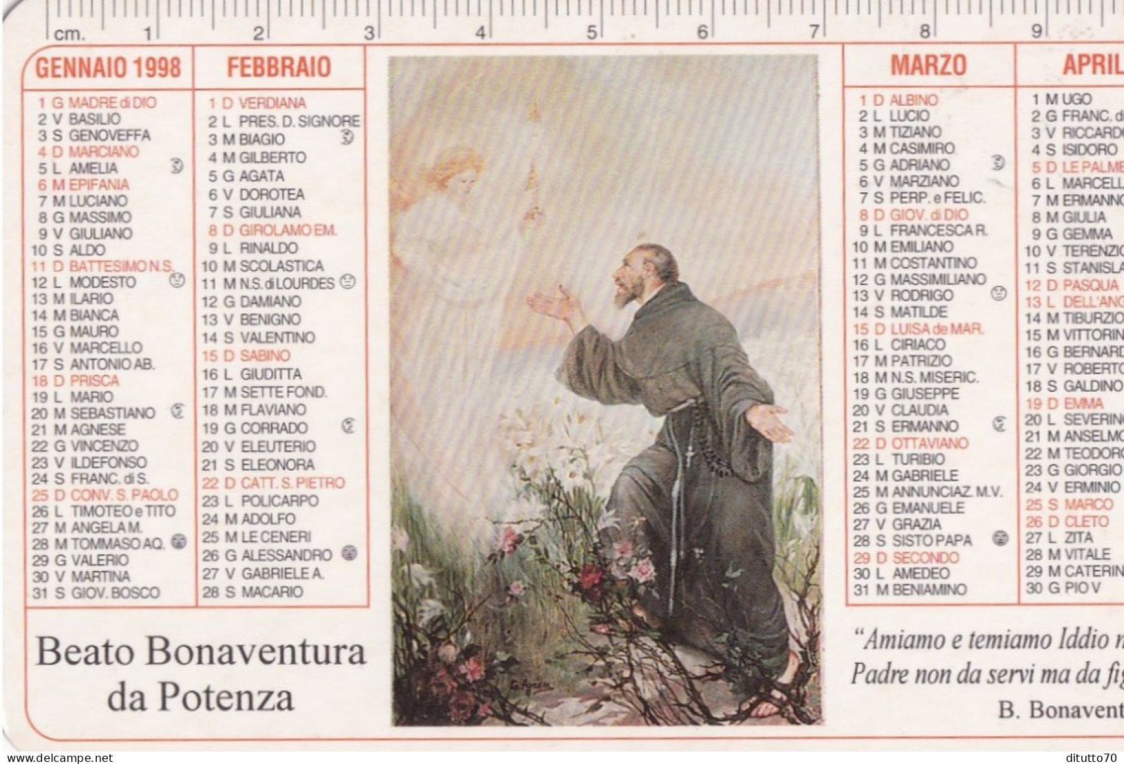 Calendarietto - Chiesa S.francesco - Frati Minori Conventuali - Beato Bonaventura Da Potenza - Ravello - Salerno - Anno - Small : 1991-00