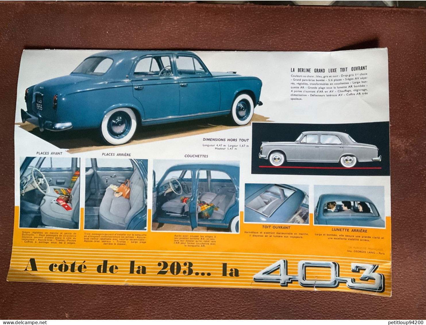 (31) DOCUMENT Commercial  PEUGEOT 403  Année 1955 - Automobile