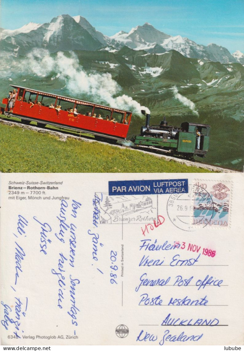 Luftpost AK  "Brienz Rothorn Bahn"  Brienz - Auckland NZ        1986 - Storia Postale