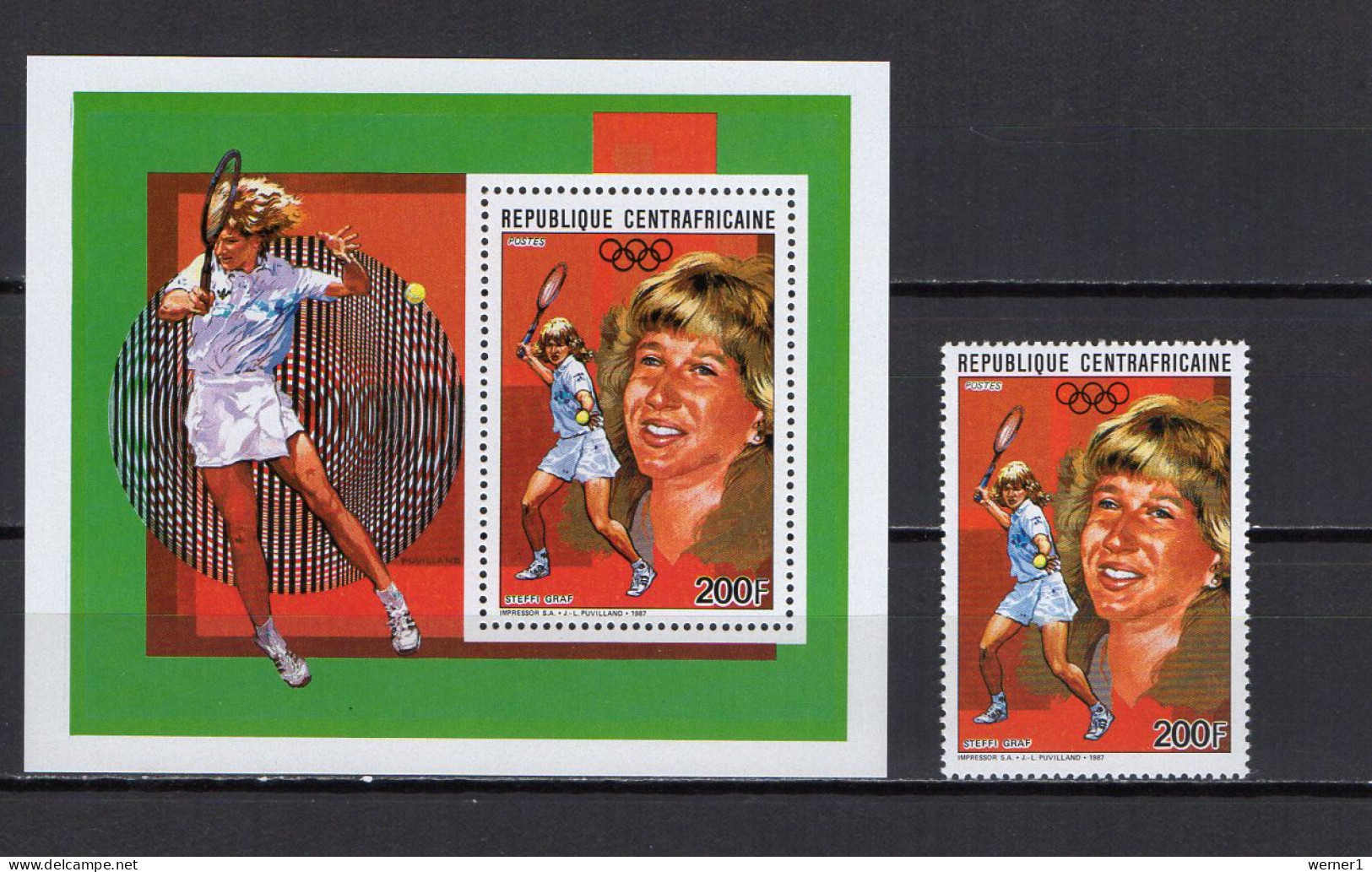 Central Africa 1988 Olympic Games, Tennis, Steffi Graf Stamp + S/s MNH - Sommer 1988: Seoul