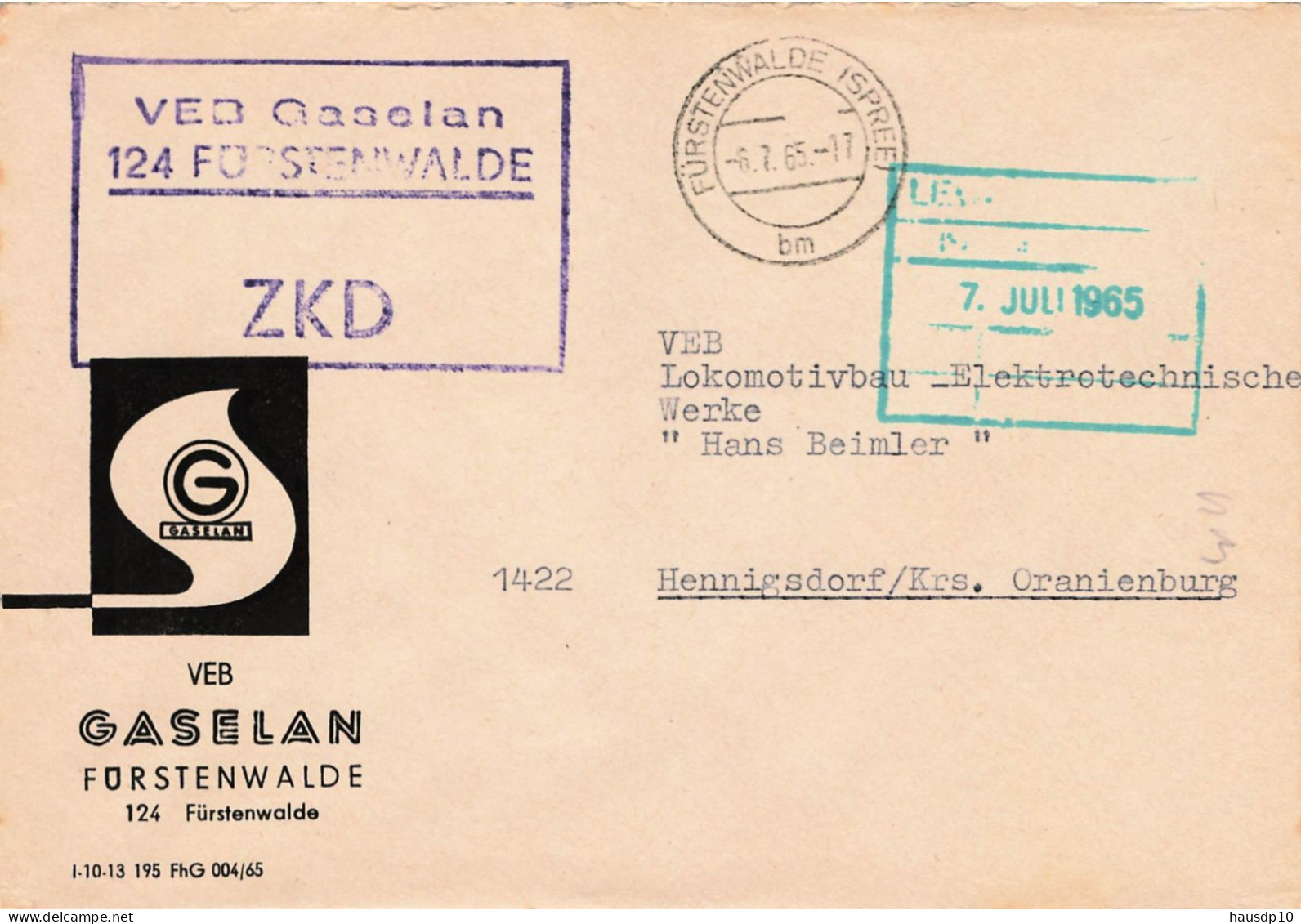 DDR Brief ZKD 1965 VEB Gaselan Fürstenwalde - Centrale Postdienst