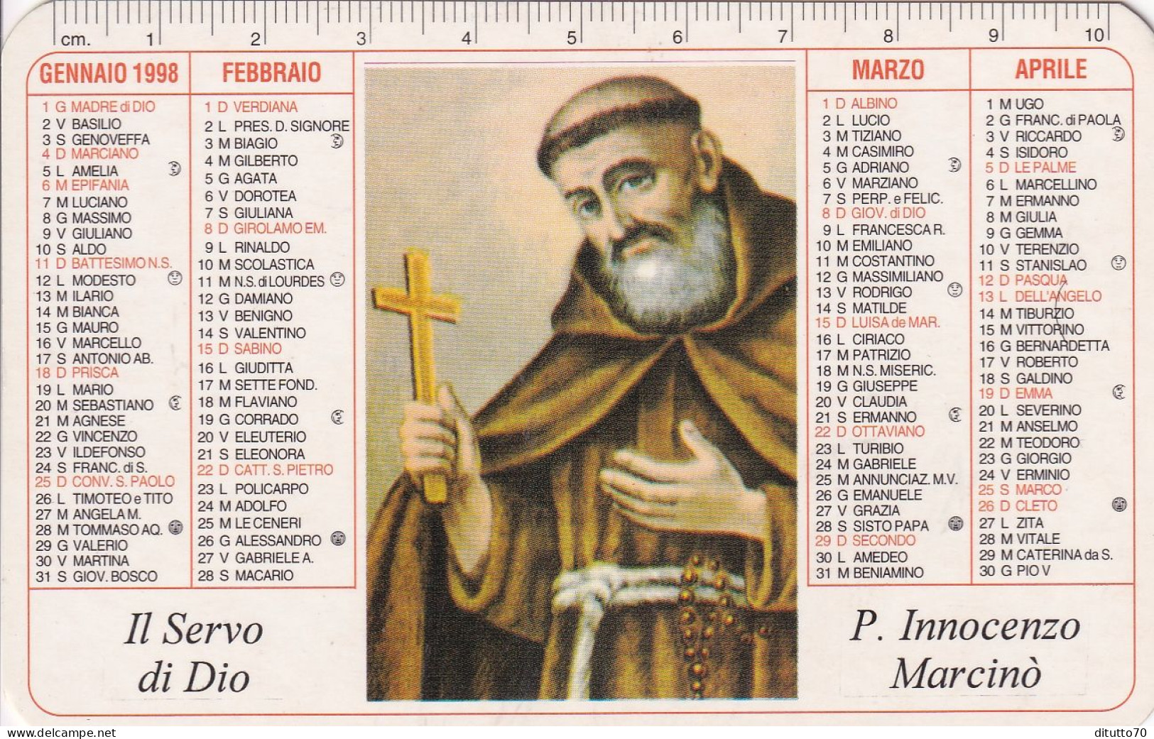 Calendarietto - Convento Cappuccini - P.innocenzo Marcinò - Caltagirone - Catania - Anno 1998 - Tamaño Pequeño : 1991-00