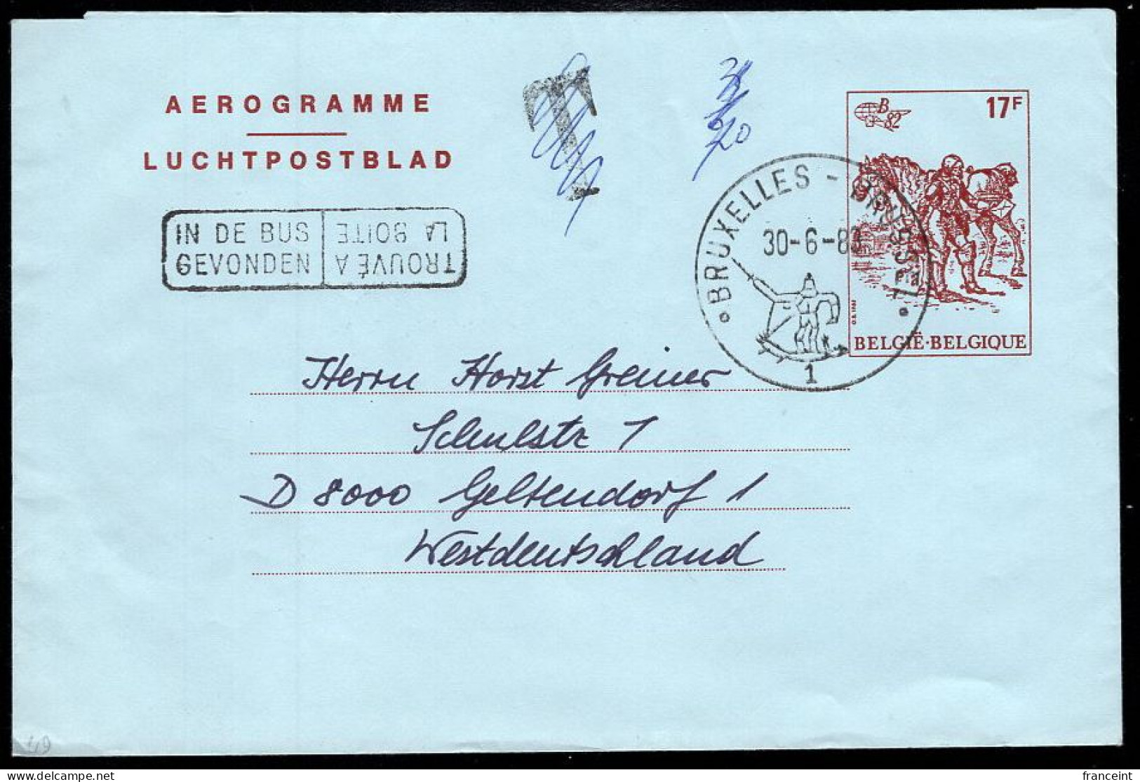 BELGIUM(1983) Postrider Delivering Letter. 17f Aerogramme. - Aerogramme