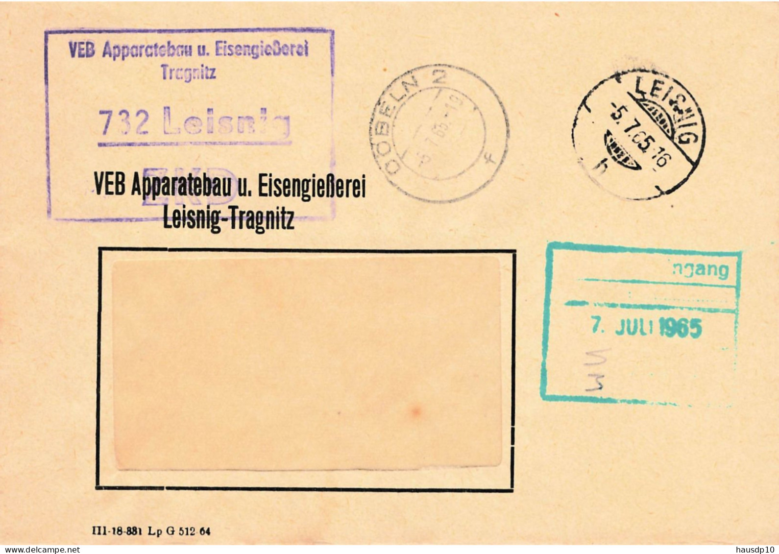 DDR Brief ZKD 1965 VEB Eisengießerei Leising Tragnitz - Centrale Postdienst