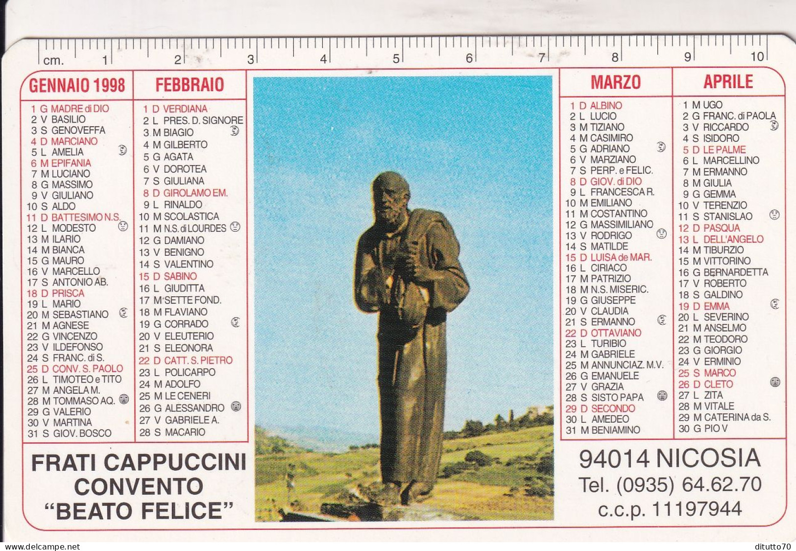 Calendarietto - Frati Cappuccini Convento - Beata Felice - Nicosia - Anno 1998 - Kleinformat : 1991-00