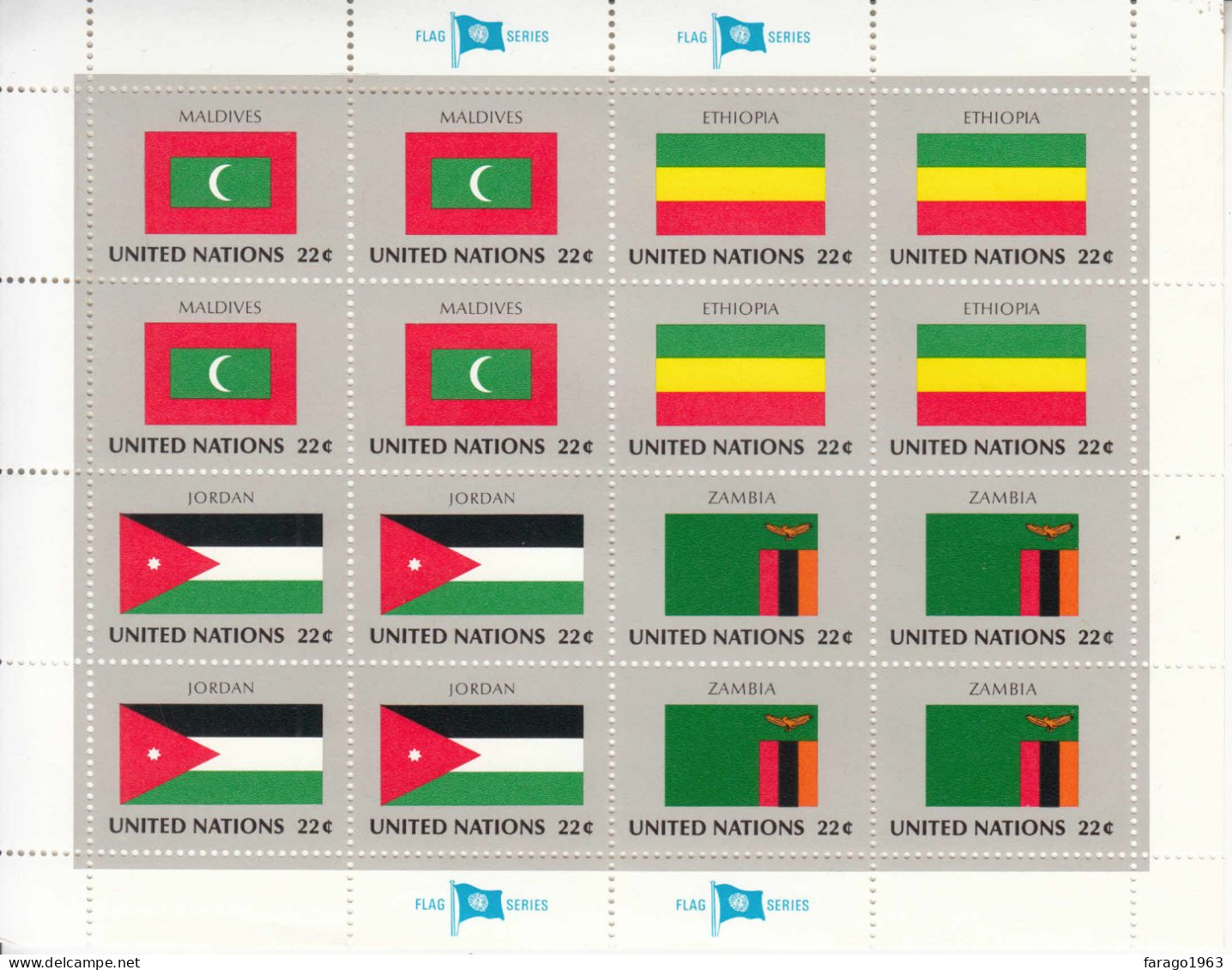 1986 United Nations New York Flags Jordan Ethiopia Miniature Sheet Of 16 MNH - Ongebruikt