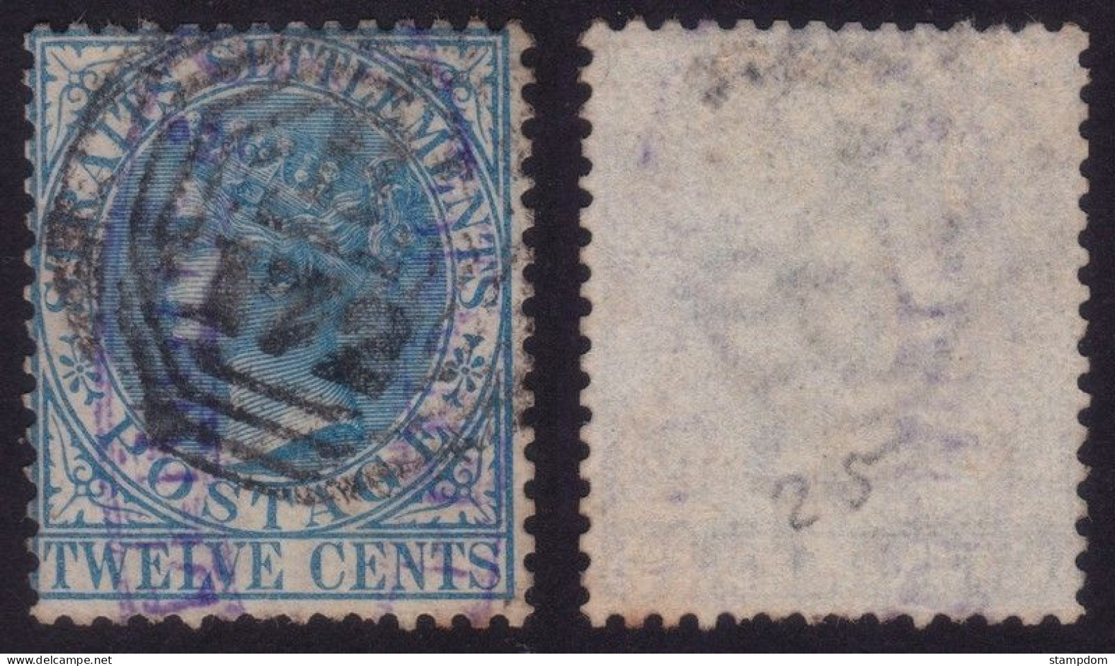 STRAITS SETTLEMENTS 1867 12c Wmk.CC Sc#14 - USED "B172" Cancel @P171 - Straits Settlements