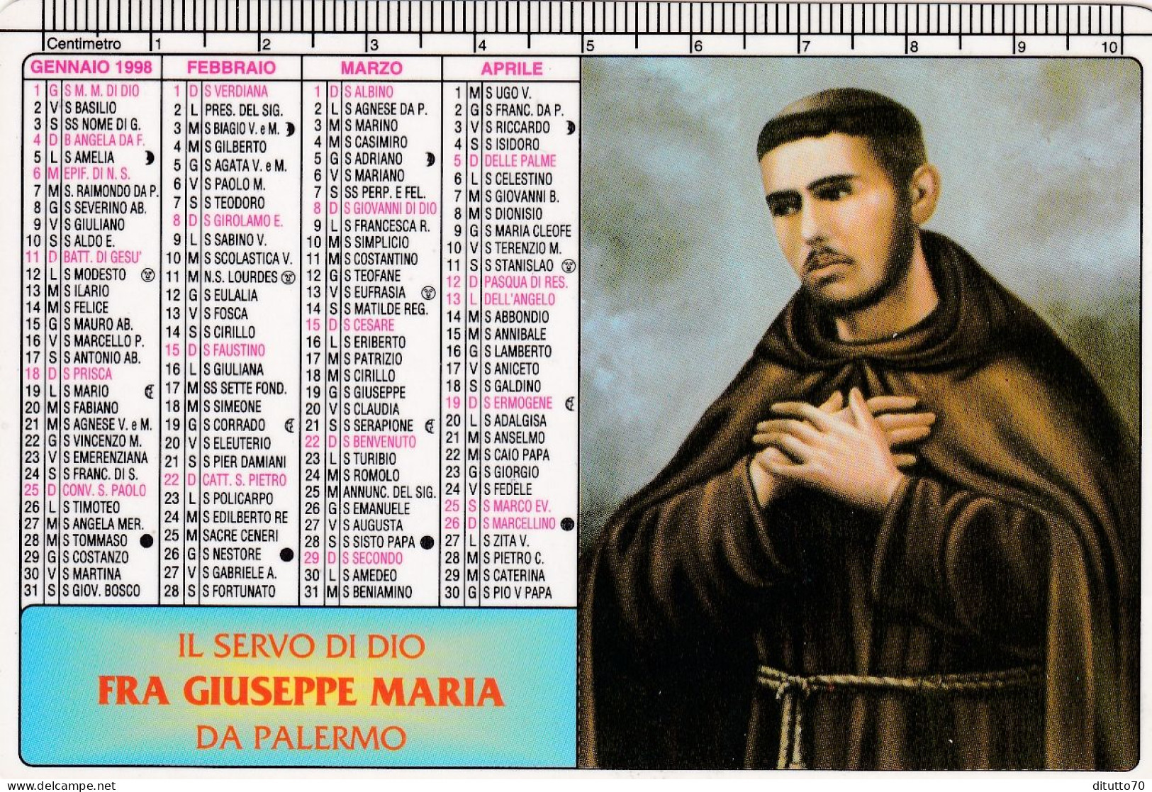 Calendarietto - Il Servo Di Dio Fra Giuseppe Maria Da Palermo - Anno 1998 - Petit Format : 1991-00