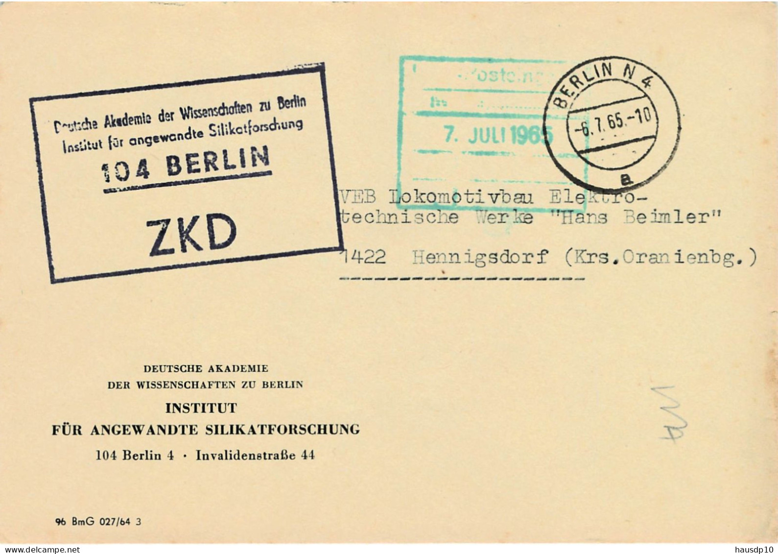 DDR Brief ZKD 1965 Deut. Akad. Der Wissensch. Zu Berlin Institut Für Silikatforschung - Centrale Postdienst