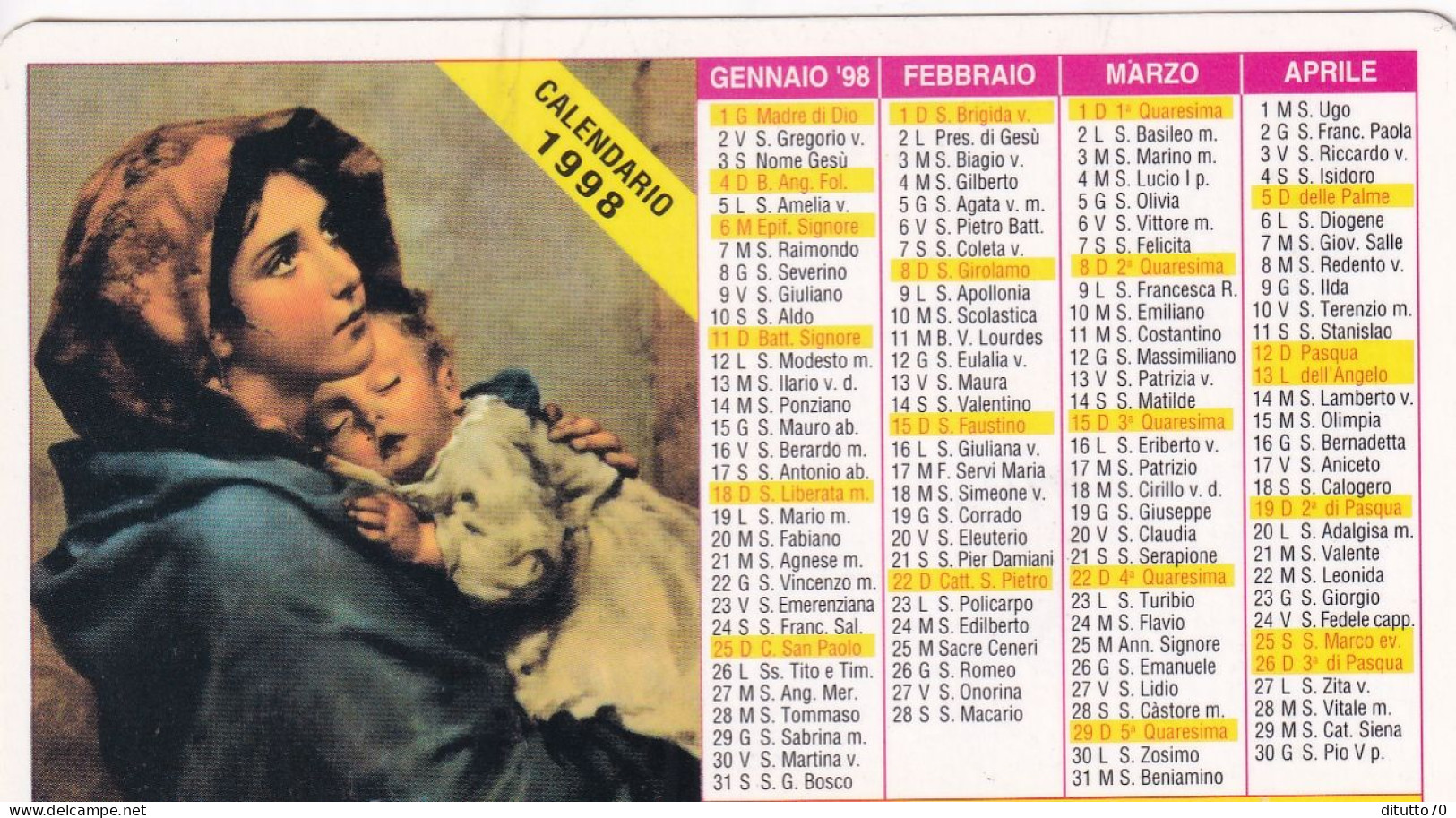 Calendarietto - Incontro Alla Luce - Anno 1998 - Tamaño Pequeño : 1991-00