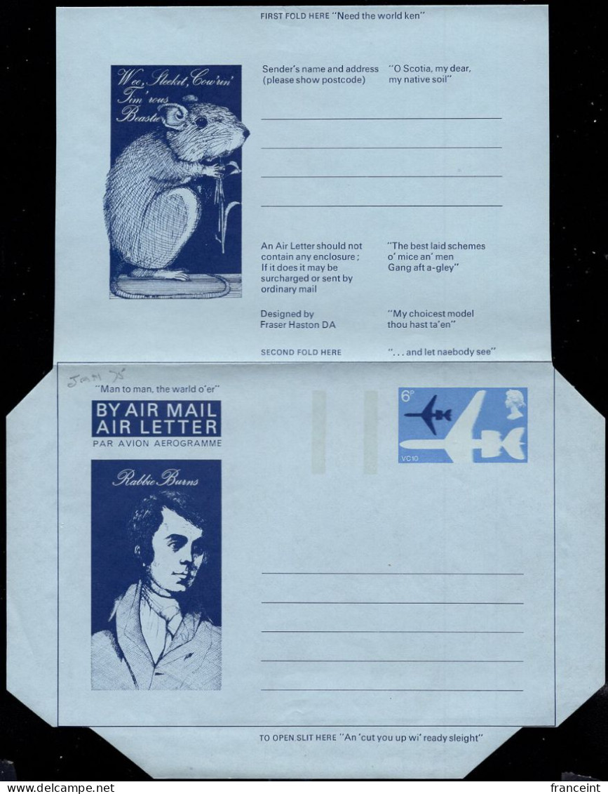 GREAT BRITAIN(1973) Robert Burns. Mouse. Tam-O-Shanter. 6p Illustrated Aerogramme. - Entiers Postaux