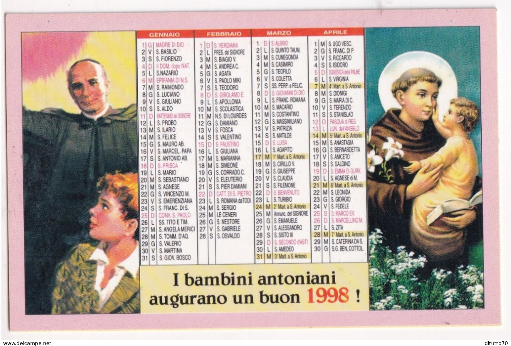 Calendarietto - Istituto Antoniano P.annible Di Francia - Padri Rogazionisti - Palermo - Anno 1998 - Tamaño Pequeño : 1991-00