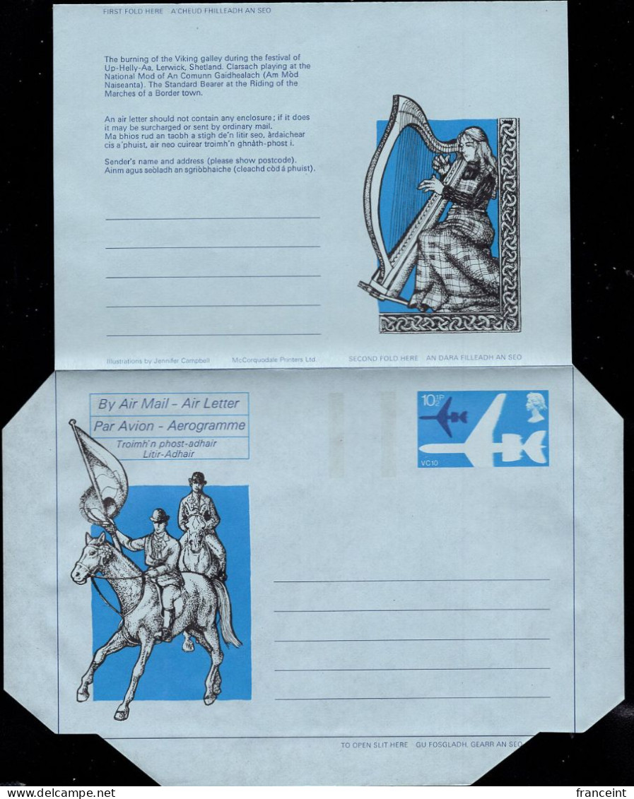 GREAT BRITAIN(1975) Riding Of The Marches. Burning Of Viking Ship. Celtic Harp. 10-1/2p Illustrated Aerogramme. - Stamped Stationery, Airletters & Aerogrammes