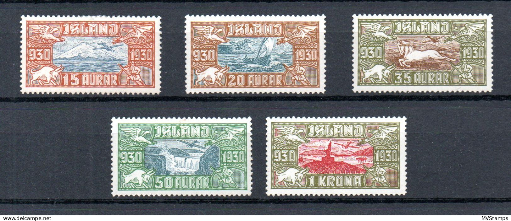 Iceland 1930 Old Set Airmail "Allthing" Stamps (Michel 142/146) MLH - Aéreo