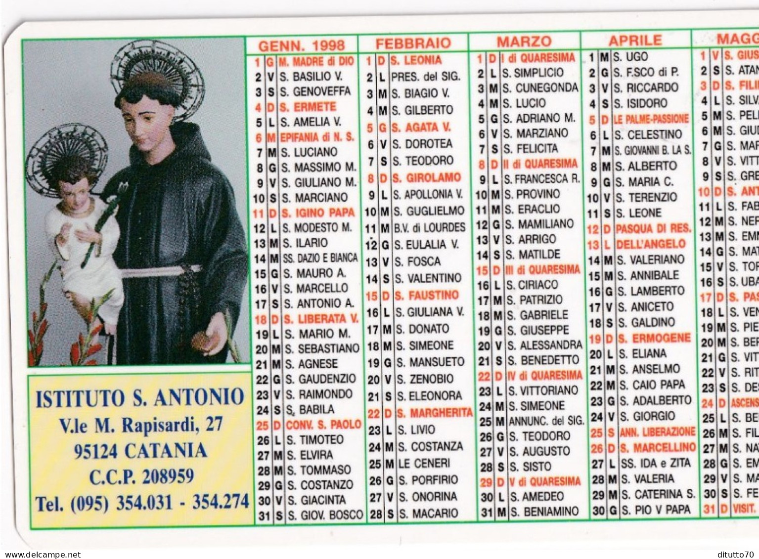 Calendarietto - Istituto S.antonio - Catania - Anno 1998 - Tamaño Pequeño : 1991-00