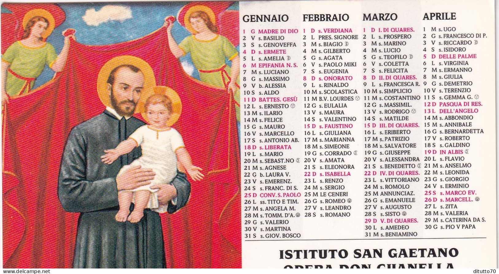 Calendarietto - Istituto San Gaetano - Opera Don Guanella - Milano - Anno 1998 - Tamaño Pequeño : 1991-00
