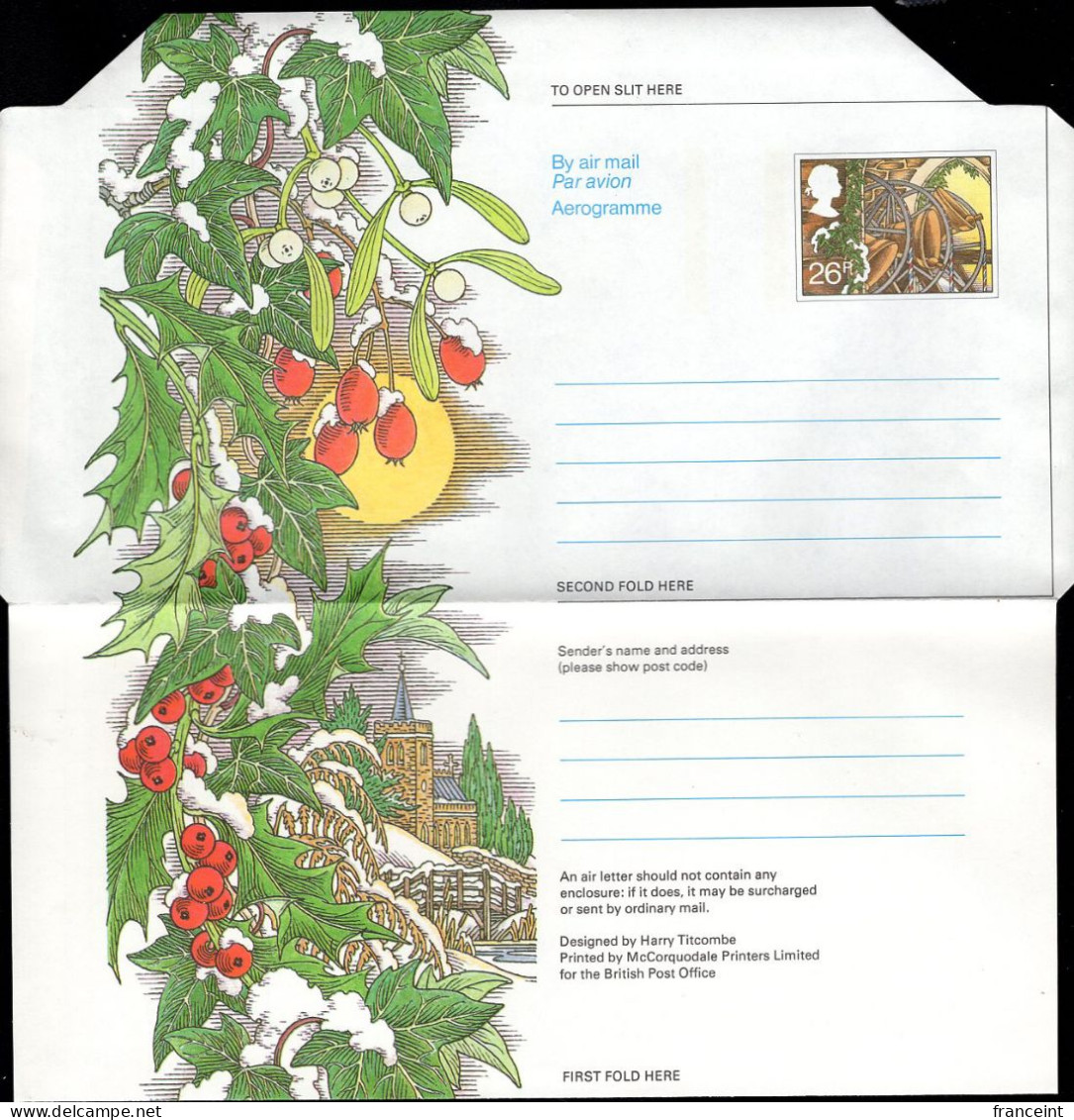 GREAT BRITAIN(1983) Carillon. Ivy. 26p Illustrated Aerogramme. - Stamped Stationery, Airletters & Aerogrammes