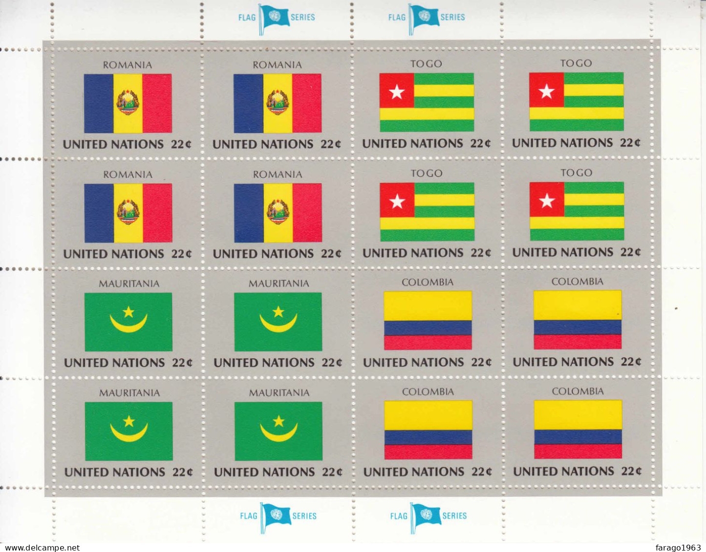 1986 United Nations New York Flags Romania Colombia Miniature Sheet Of 16 MNH - Nuevos