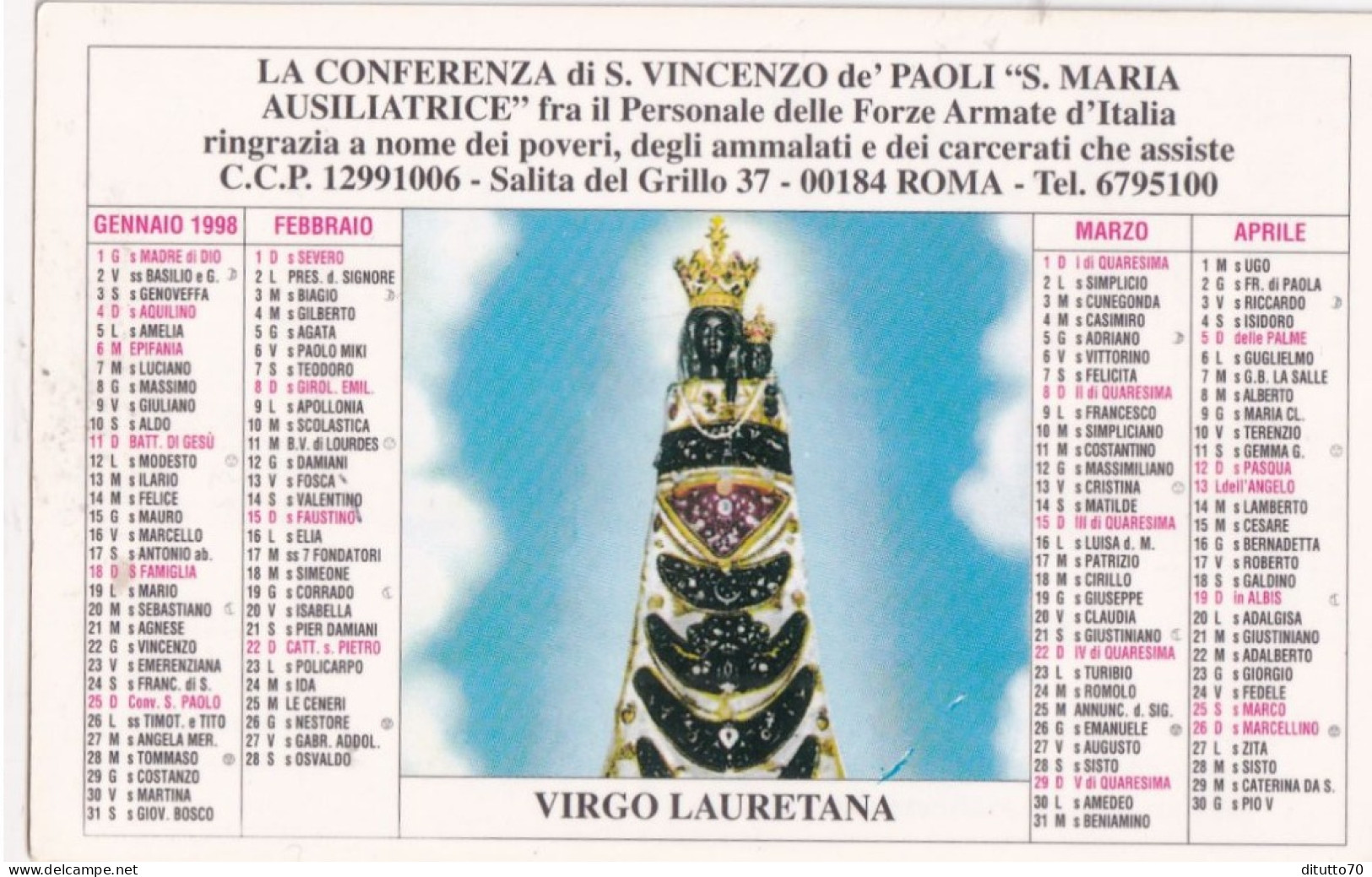 Calendarietto - La Conferenza Di S.vincenzo Dè Paoli - Maria Ausiliatrice - Roma Virgo Laurentana - Anno 1998 - Tamaño Pequeño : 1991-00