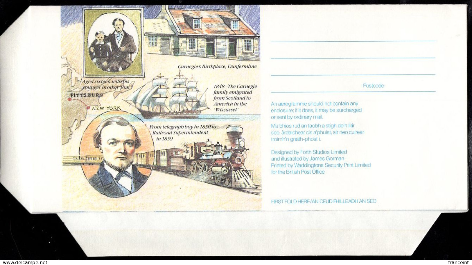 GREAT BRITAIN(1985) Andrew Carnegie. Steel Mills. Ship. Train. Library. Music Hall. Giant Cactus. 26p Illustrated Aerogr - Stamped Stationery, Airletters & Aerogrammes