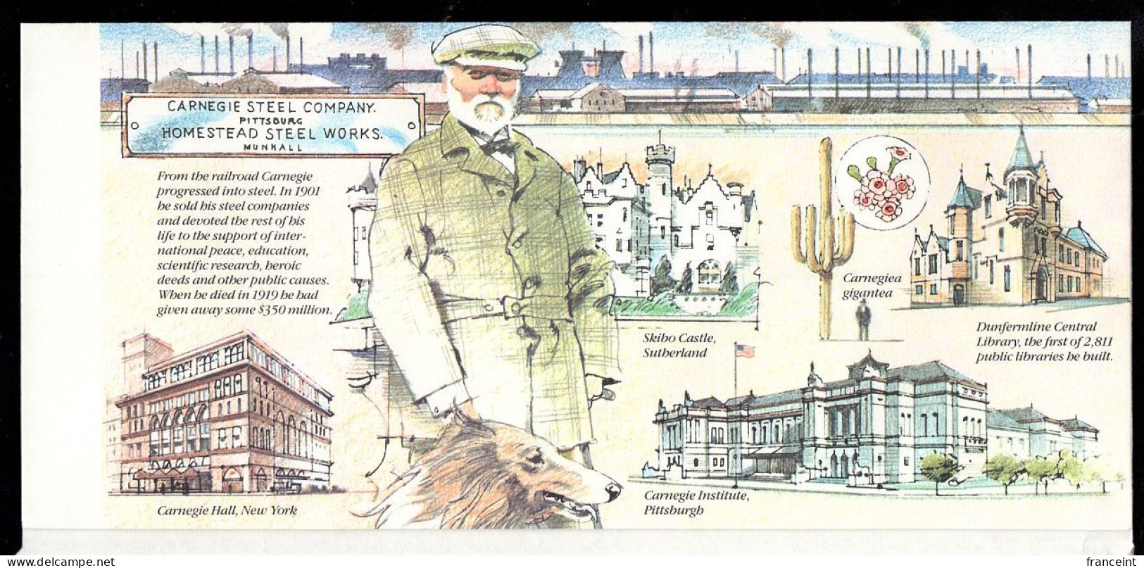 GREAT BRITAIN(1985) Andrew Carnegie. Steel Mills. Ship. Train. Library. Music Hall. Giant Cactus. 26p Illustrated Aerogr - Entiers Postaux