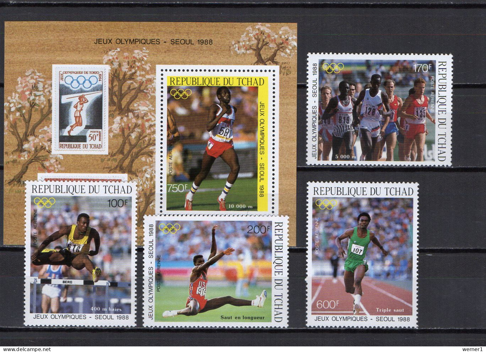 Chad - Tchad 1988 Olympic Games Seoul, Athletics, Stamps On Stamps Set Of 4 + S/s MNH - Zomer 1988: Seoel