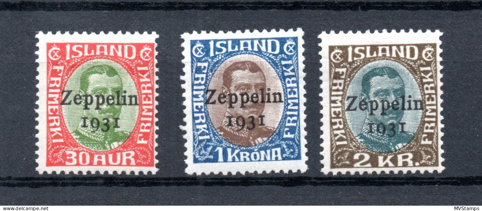 Iceland 1931 Set Overprinted Airmail Zeppelin Stamps (Michel 147/49) MLH, 148 Thin Spott - Posta Aerea