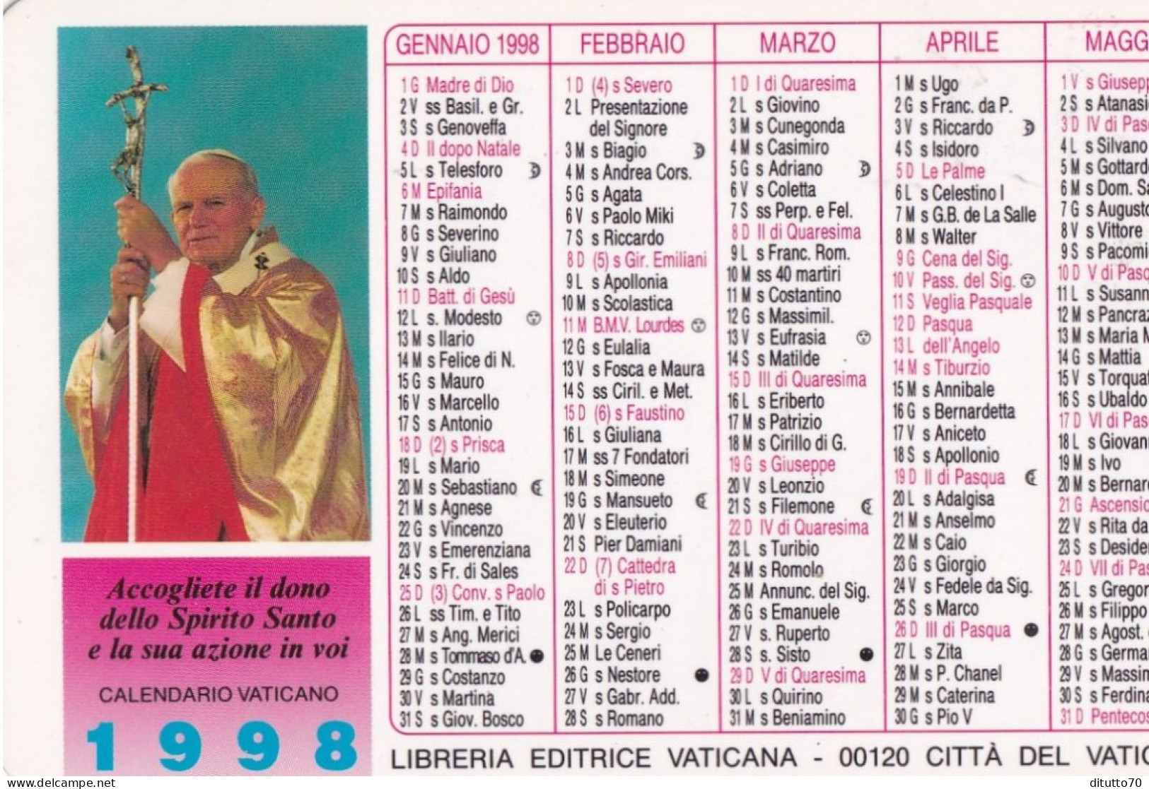 Calendarietto - Libreria Editrice Vaticana - Citta Del Vaticano - Anno 1998 - Small : 1991-00