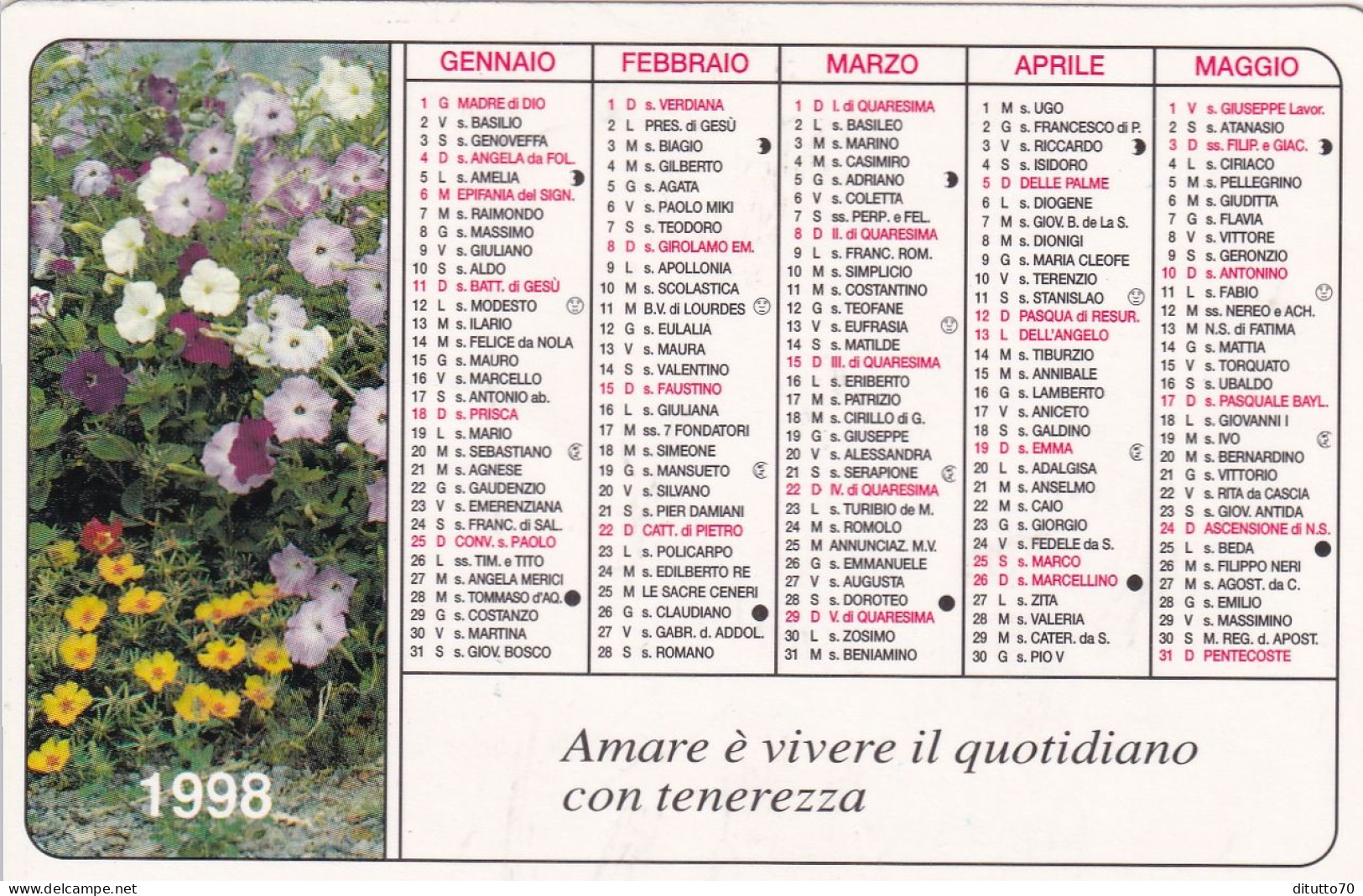 Calendarietto - Libreria Paolini - Pavia - Amare E Vivere Il Quotidiano Con Tenerezza - Anno 1998 - Tamaño Pequeño : 1991-00