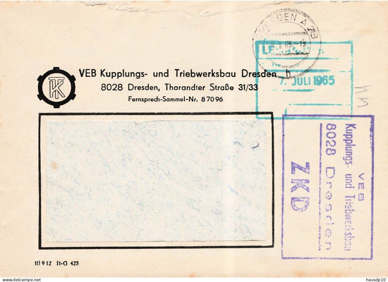 DDR Brief ZKD 1965 VEB Kupplungs Und Triebwerksbau Dresden - Central Mail Service