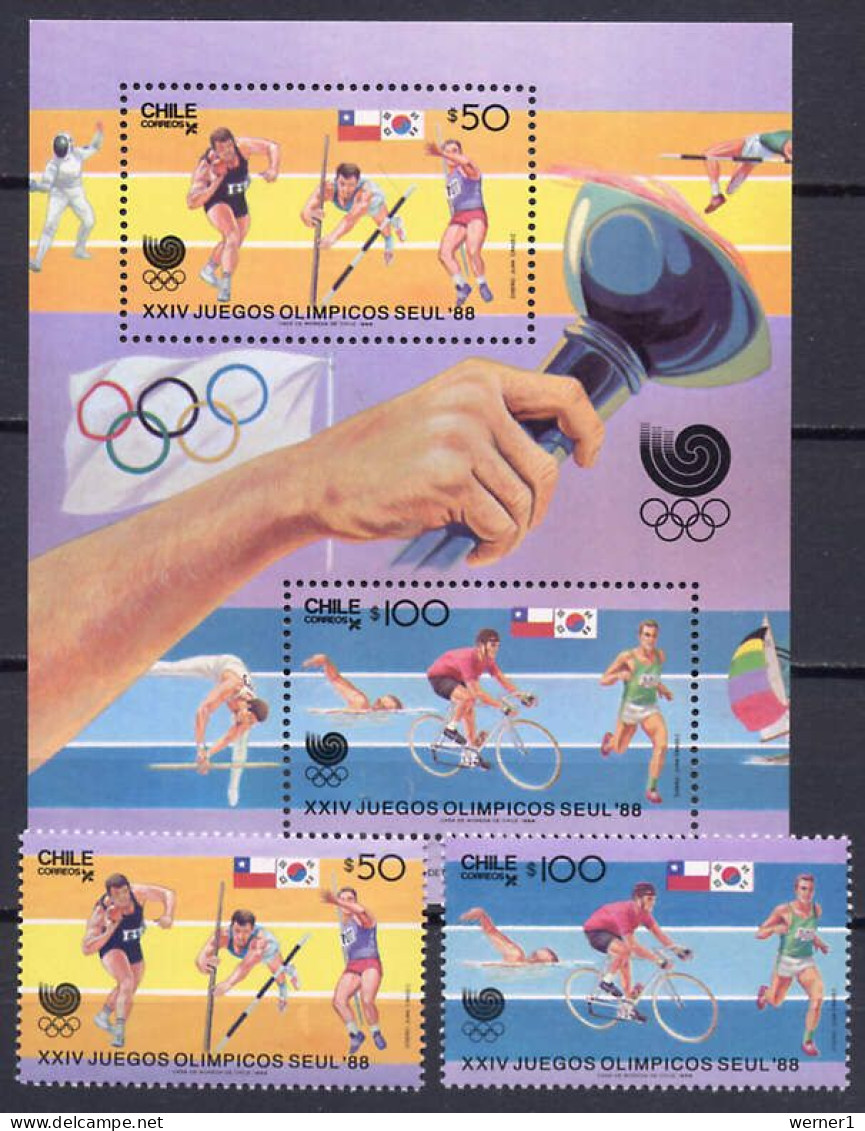 Chile 1988 Olympic Games Seoul, Athletics, Cycling Etc. Set Of 2 + S/s MNH - Zomer 1988: Seoel