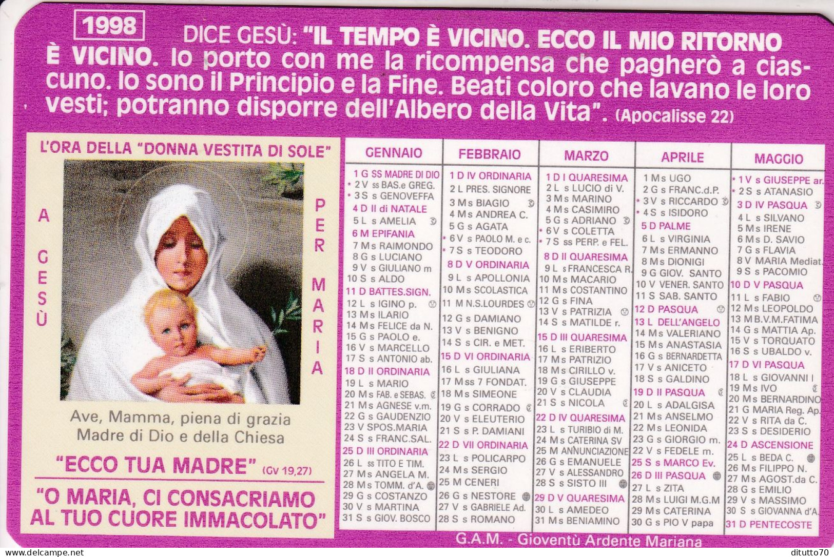 Calendarietto - L'ora Della Donna Vestita Di Sole - Anno 1998 - Small : 1991-00