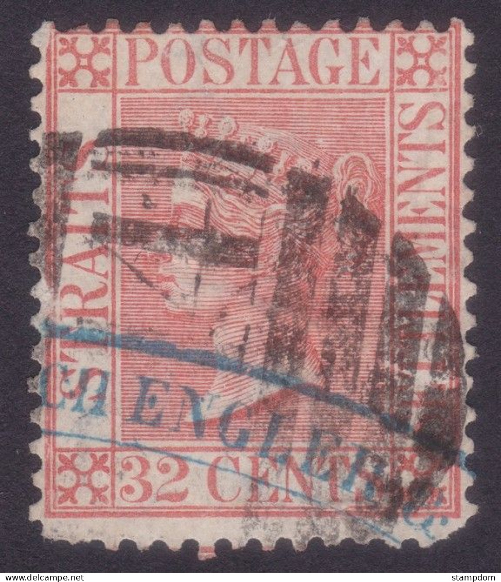 STRAITS SETTLEMENTS 1867 32c Wmk.CC Sc#17 - USED "D14" Cancel @P836 - Straits Settlements