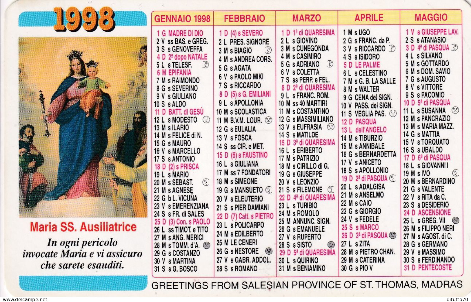 Calendarietto - Maria Ss.ausiliatrice - Greetings Fro Salesian Province Of St. Thomas Madras - Anno 1998 - Formato Piccolo : 1991-00